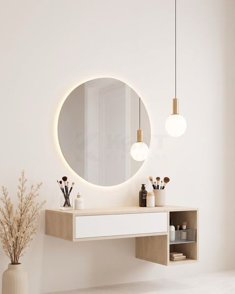 Oak Wall Vanity with Round LED Mirror