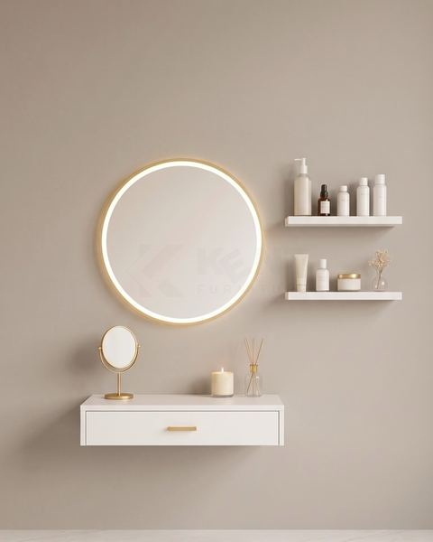 White Wall Vanity with Gold LED Mirror