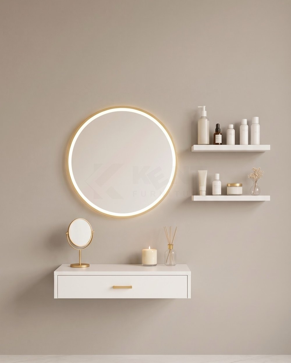 White Wall Vanity with Gold LED Mirror