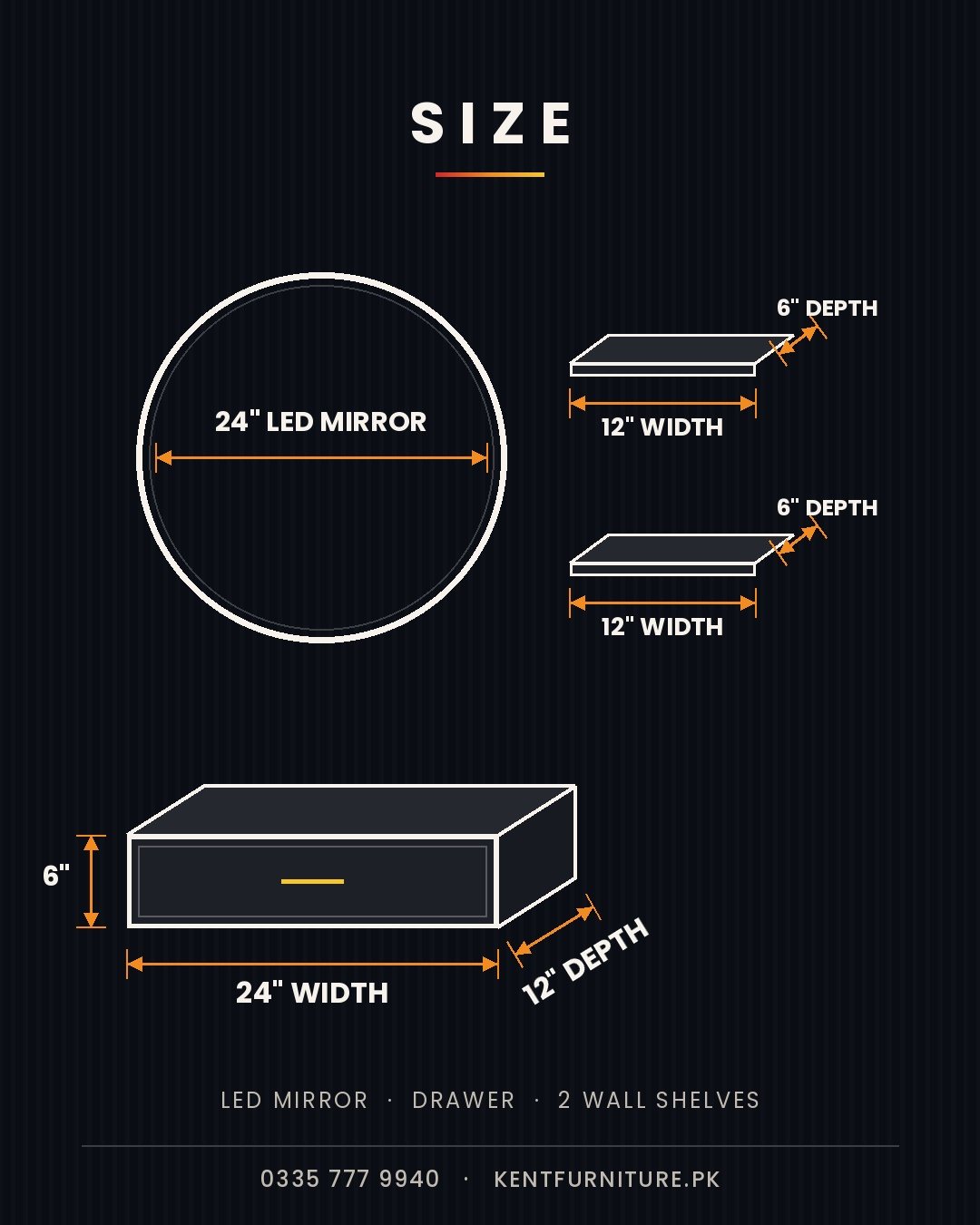 Size guide for White Wall Vanity with Gold LED Mirror