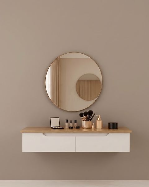 Oak-Top Wall Vanity with Round Mirror