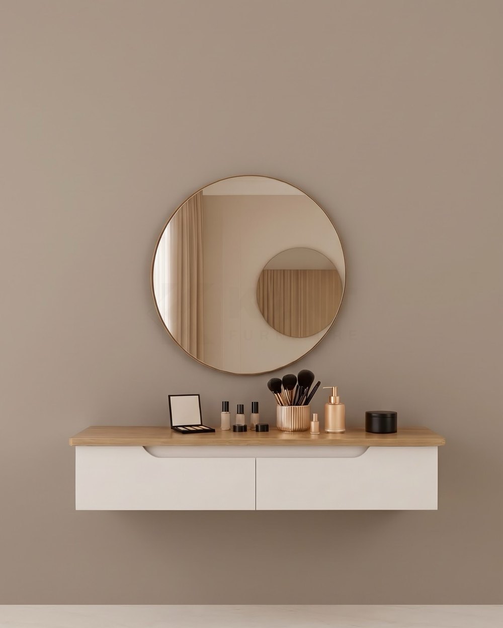 Oak-Top Wall Vanity with Round Mirror