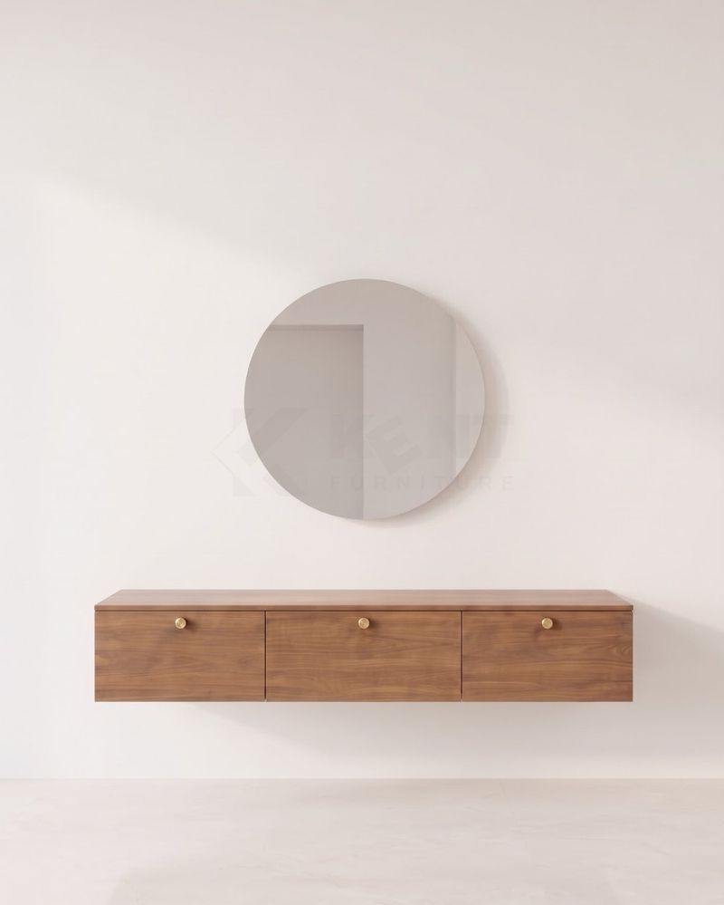 Walnut Floating Console with Round Mirror