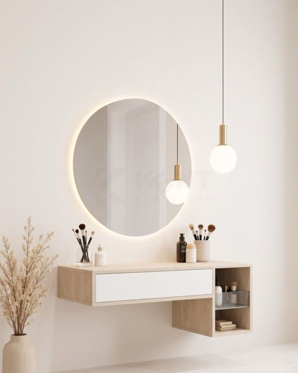 Oak Wall Vanity with Round LED Mirror