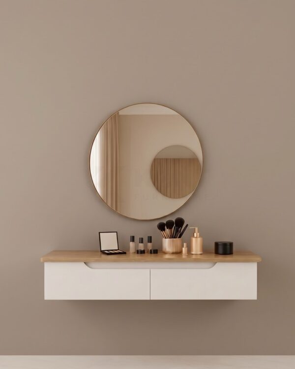 Oak-Top Wall Vanity with Round Mirror